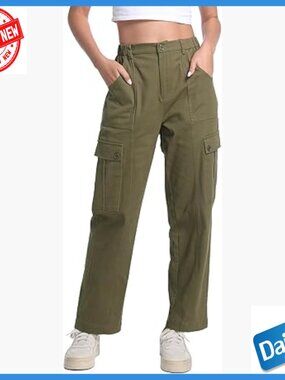 High Waisted Cargo Pants Stretch Straight Leg Utility Trousers Casual